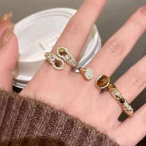 Elegant Gold and Tiger Eye Adjustable Rings, Set Of 4